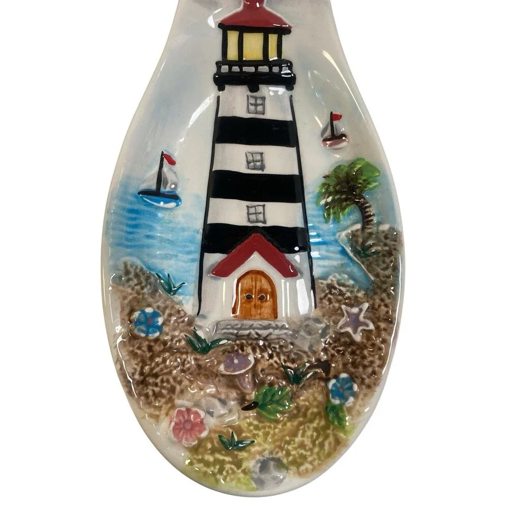 Lighthouse Beach Spoon Rest Ceramic 11” 3D Nautical Kitchenware